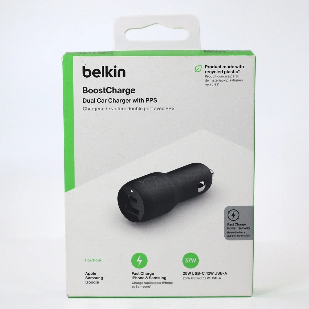 Belkin 37W Dual Car Charger Fast Charge PPS USB-C 25W USB-A 12W Black New Sealed